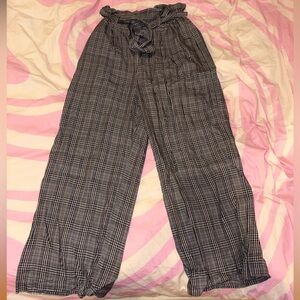Grey and white high-waisted wide-leg plaid pants with tie waist. Size large.